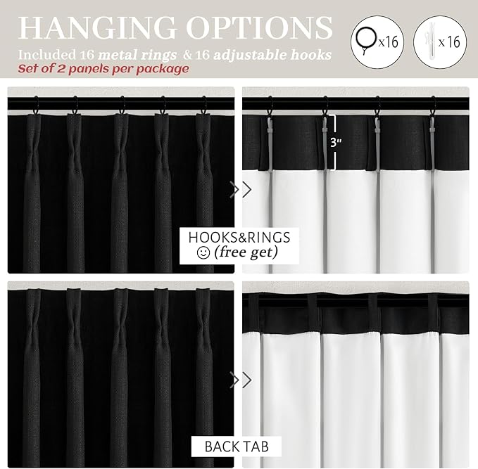 High Ceiling Extra Long Pinch Pleated Black Out 108 Inch Curtains for Patio Sliding Door, Textured Blackout Natural Linen 2 Layer Tall Curtain 9 FT Length Drapes for Dining Room Windows 2 Panels Decor