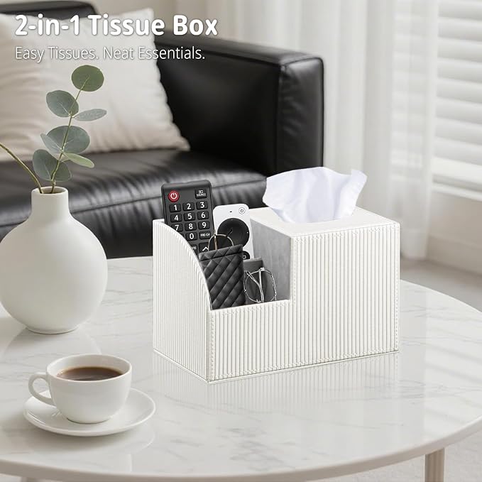 Square Tissue Box Cover with Storage, PU Leather Facial Cube Tissue Holder | TV Remote Control Holder, Desk Accessories Nightstand Organizer, Modern Table Caddy for Bathroom, Bedroom, Home, Office Decor
