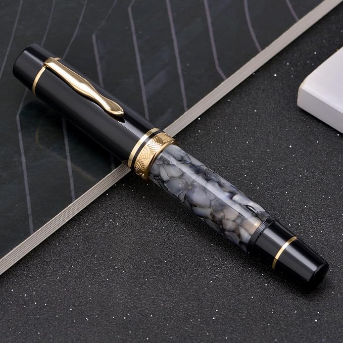 erofa Majohn P139 Fountain Pen Fine Nib Brass Piston System Large Capacity Writing Pen with Box, Gray Marble Acrylic