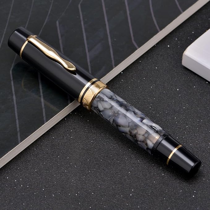 erofa Majohn P139 Fountain Pen Extra Fine Nib Brass Piston System Large Capacity Writing Pen with Box, Gray Marble Acrylic