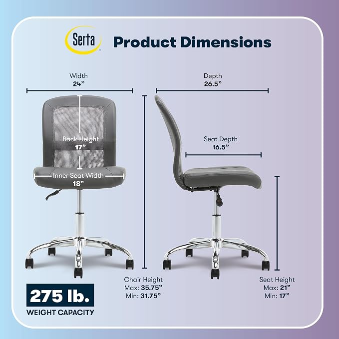 Serta Armless Small Home Desk Chair with Wheels, Ergonomic Mesh Back Chair | Leather & Foam Cushion Seat, Adjustable Height, Small Vanity Chair for Bedroom & Small Spaces, Home Office Desk Chair, Gray