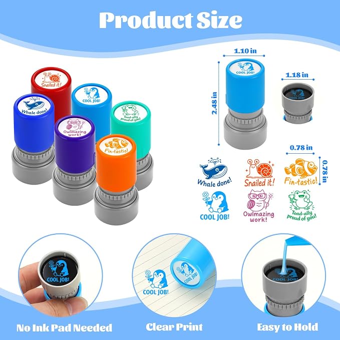 6Pcs Animal Teacher Stamps for Classroom, New Teacher Appreciation Gifts Self Inking Grading Stamps Set, Motivational Reward Stamps, Back to School Essentials for Elementary, Homeschool