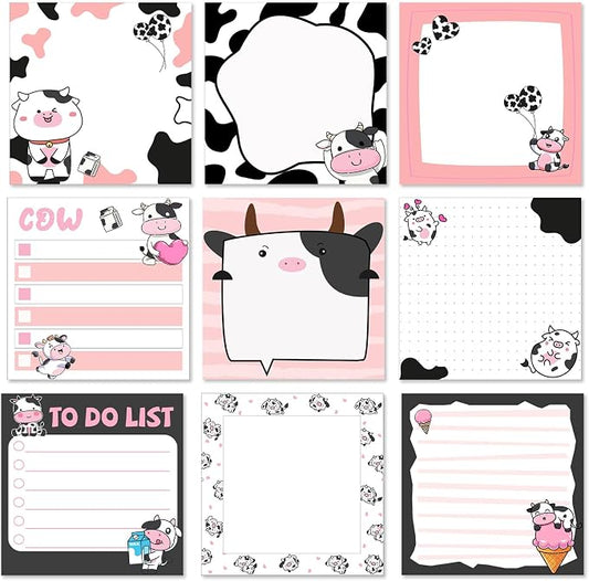 9 Pads Cute Sticky Notes Cartoon Self Stick Notepads 3x3 Inches Notes Adhesive Memo Pad Office Decor Gifts for Students School Teacher Office Meeting(Cow)