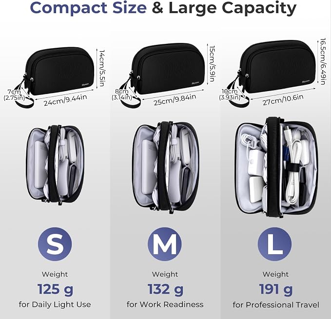 Skycase Travel Cable Organizer - Lightweight Water Resistant Dual-Layer Tech Pouch with Wrist Strap 11 Compartments Electronic Organizer Travel Case for Charger Cord Hard Drive,Large,Black