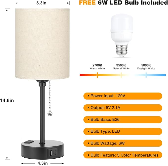 Beige Small Lamps 3 Levels Brightness - 3000K 4000K 5000K Bedside Lamps with USB C and A Ports, Pull Chain Table Lamps with AC Outlet, Nightstand Lamps with Black Metal Base for Bedroom Kids Reading