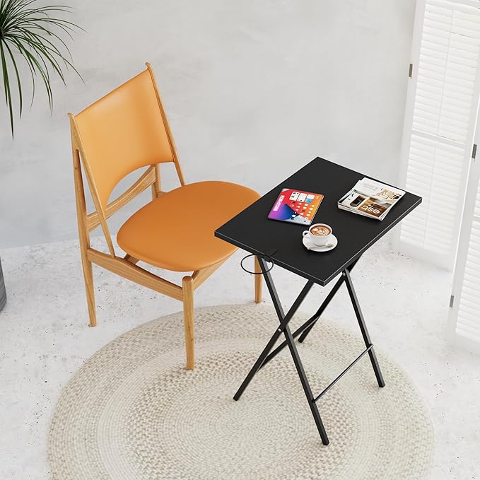 VECELO Folding TV Tray for Eating Set of 2, Portable Dinner/Snack Table with Cup Holder for Couch, Living Room and Small Space, Matte & Black