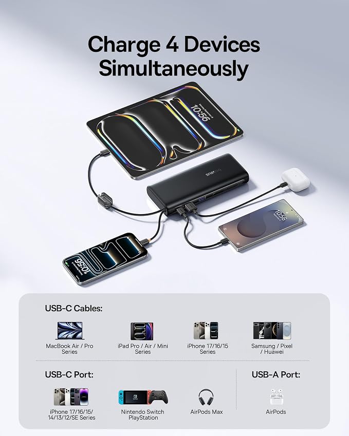Baseus 25000mAh Power Bank, CCC Certified 145W Laptop Portable Charger with Dual Built-in USB-C Cables, PD3.1 Fast Charging Battery Pack for MacBook Pro/Air,iPhone 17/16 Series Galaxy S25/S24
