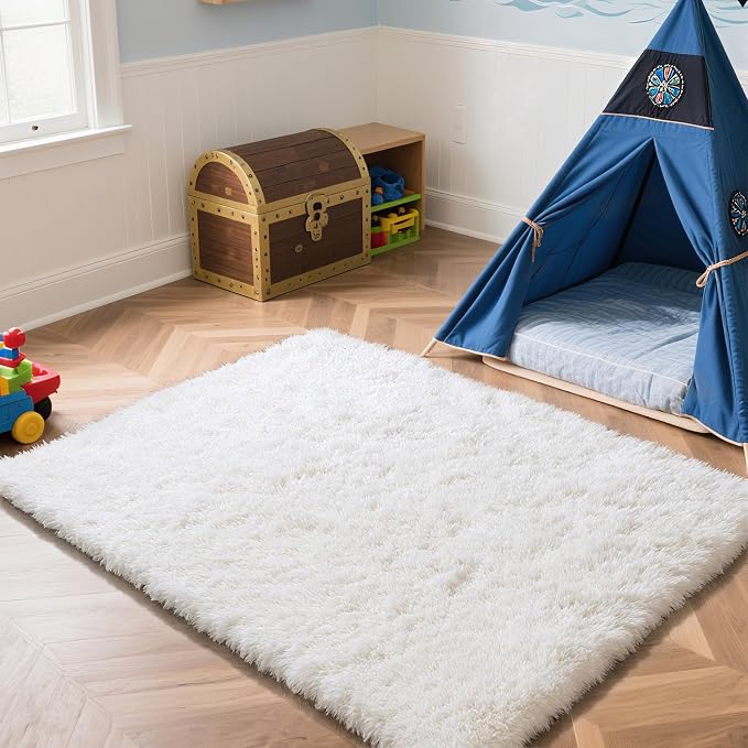 Fluffy Rug Shag Area Rug, White 5x8 Area Rugs for Bedroom, Small Bedside Rug, Soft Fluffy Shag Entryway Throw Rugs for Living Room Bedroom Room Home Decor