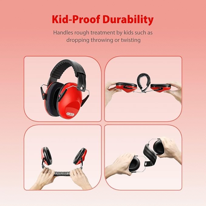 Ear Muffs for Noise Reduction: EM100 27.4 NRR Kids Noise Cancelling Headphones with Adjustable Headband - Kids Ear Protection for Monster Truck Derby Firework - 2 Packs, Black & Red