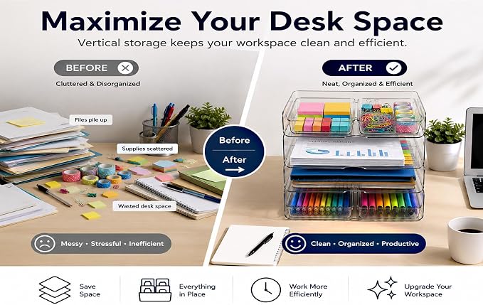 DCA 4 Tier Desk Organizer, Clear Paper Tray with 4 Storage Bins | Stackable Letter Tray | Modular Storage System | Office, Home & School | Large Capacity