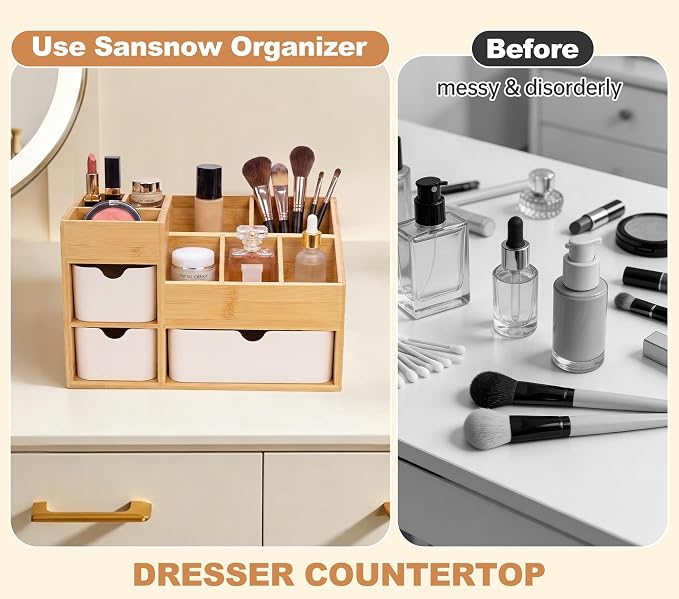 Bamboo Desktop Organizer with 3 Drawers, Drawer Tabletop Storage Organization Box for Home/Office, 3-Tier Makeup Vanity Organizer for Dresser Countertop, Detachable Divider