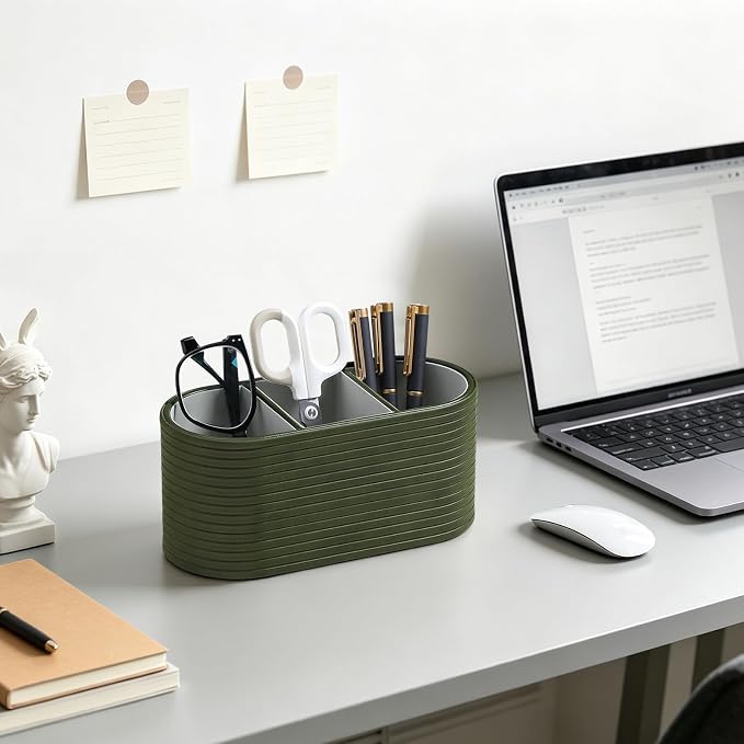 Remote Control Holder, Oval Pen Holder for Desk, Olive Green | 3-Compartment Desk Caddy for Remotes, Glasses, Pens, PU Leather Small Desk Organizer for Nightstand, Coffee Table, Office