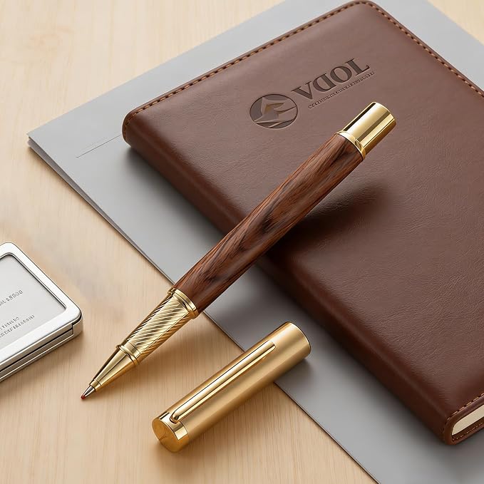 Luxury Rollerball Pen, Natural Rosewood & Metal Executive Writing Pen, Fine Point Smooth Ink, Professional Business Signature Pen Gift Set with Metal Case for Men Women