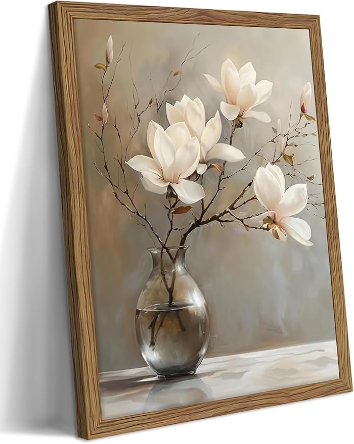 Framed Flower Canvas Wall Art, White Magnolia Branch in Vase Poster Prints, Elegant Nature Still Life Botanical Artwork, Modern Minimalist Wall Decor for Living Room Bedroom Bathroom 16x24in