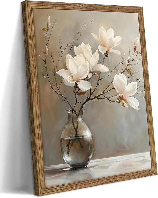 Framed Flower Canvas Wall Art, White Magnolia Branch in Vase Poster Prints, Elegant Nature Still Life Botanical Artwork, Modern Minimalist Wall Decor for Living Room Bedroom Bathroom 16x24in