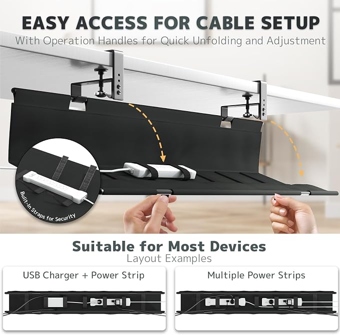 No Drill Under Desk Cable Management Tray - 36" Clamp/Screw Desk Cord Management, Premium Fabric Cable Racyway for Office & Home