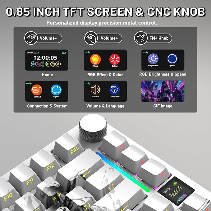 ATTACK SHARK X820Ultra Wireless Mechanical Gaming Keyboard with Screen Hot Swappable 2.4GHz/BT/Wired CNC Knob RGB Backlit Gasket Mount Side Print PBT Keycap QMK Web Driver Gift Switch-White bamboo