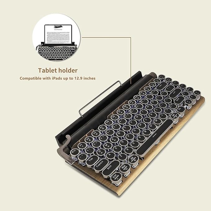 Adventurers Typewriter-Style Retro Mechanical Keyboard LED Backlight 83 Keys Bluetooth 5.0 Blue Axis Wood Color Panel Compatible with iOS/Android/Windows/Vista/Linux/Mac Office/Gaming, 12.8x6.6x1.6in