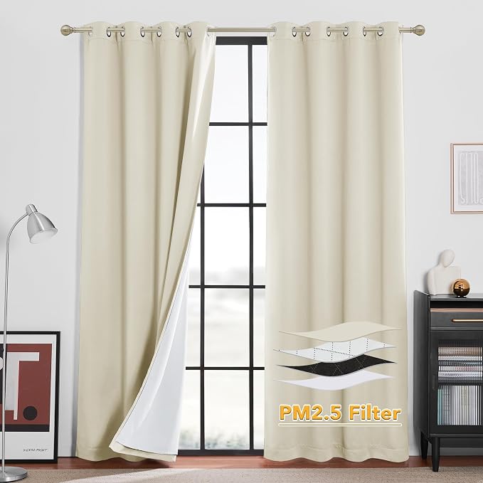 RYB HOME Soundproof & Dust Particle Filtering Curtains 100% Blackout Thermal Insulated Window Treatment Air Filter Drapes for Bedroom Living Room Kids Nursery, Beige, W52 x L72 inch, 2 Panels