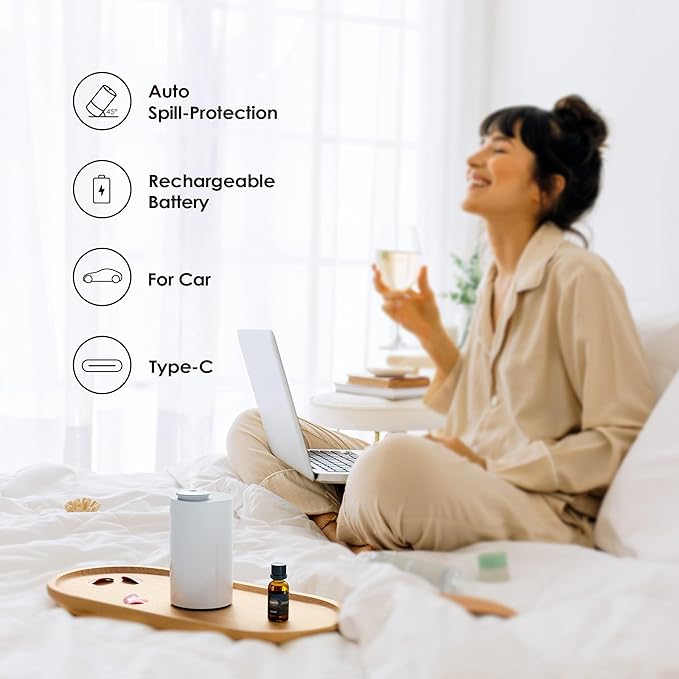 Airversa Waterless Essential Oil Diffuser Starter Kit with 30mL Hotel Fragrance Oil Inspired by BaCRT, Battery Operated Car Diffuser, Portable Aroma Nebulizer for Home Car Office, AN6Kit-4, White