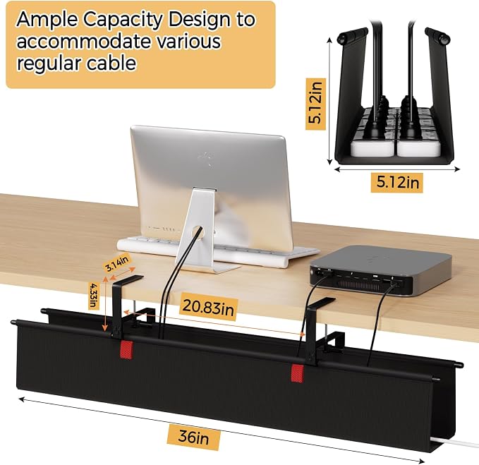 Under Desk Cable Management Tray, 28" Fabric Wire Cord Organizer, Black | No Drill Under Table Wire Organizer with 16X Cable Ties for Office/Home, Cord Hider Fit Adapters & Sockets, Clamp/Screw Mount