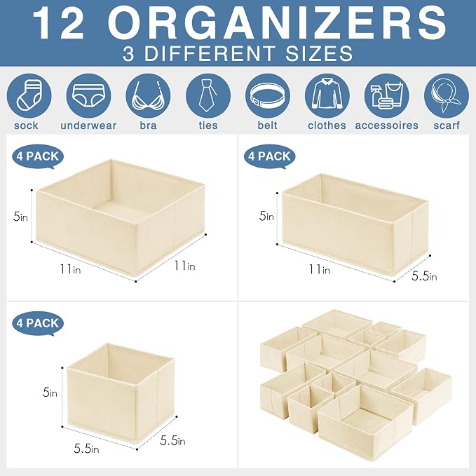 Drawer Organizer Clothes 12 Pack, Dresser Organizer for Nursery Bedroom Closet Organization and Storage - Baby Clothes Organizer Bins - Drawer Divider for Sock Underwear Bra Ties (Beige)