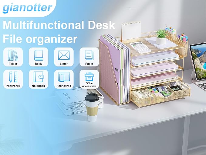 gianotter 5-Tier Desk Organizer with Drawers and File Holders | Letter Trays and Pen Holders - Workspace Accessories for Office Supplies (Gold)