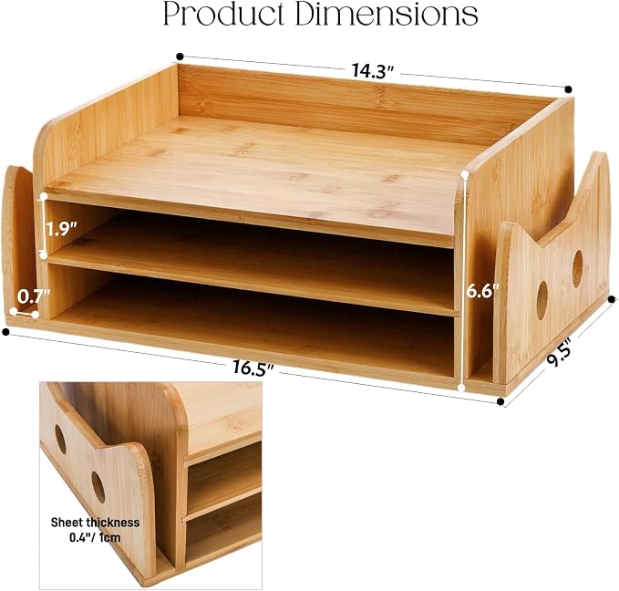 ZOOFOX Cute Cat-Shaped Bamboo Desk Organizer, 3-Tier Paper Letter Tray with 2 Vertical Mail Slots, Wooden Desktop File Holder and Sorter for Office Home