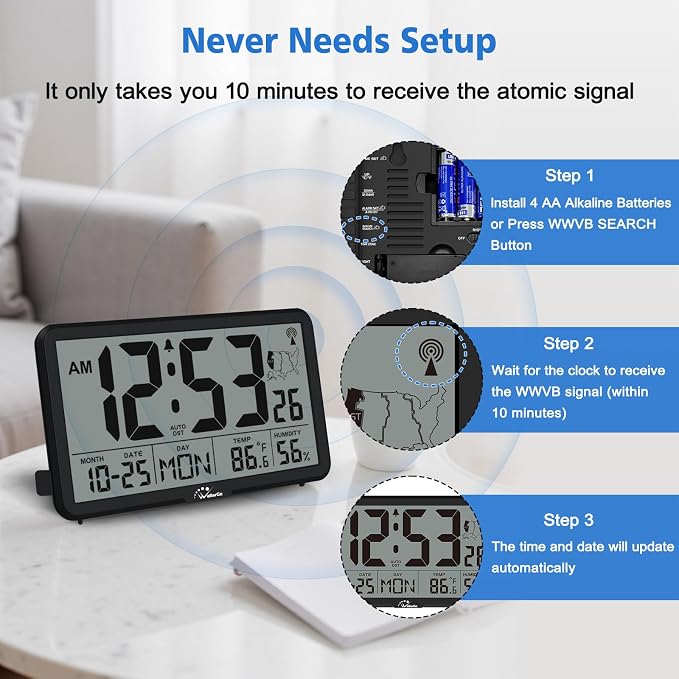 WallarGe Atomic Wall Clock with Backlight, Battery Operated | Large Digital Display, Indoor Temperature, Humidity, Date, AUTO DST, 6 Time Zones