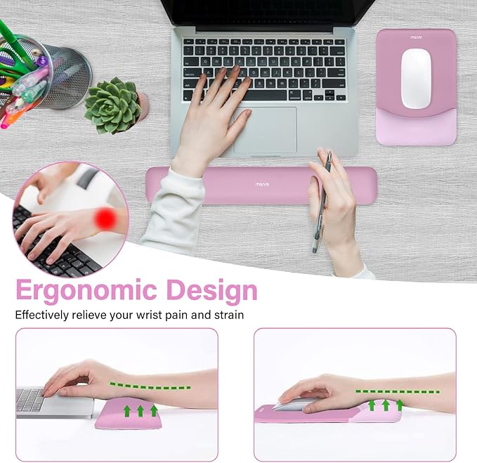 MOSISO Wrist Rest Support for Mouse Pad&Keyboard Set, Rectangular Ergonomic Mousepad Non-Slip Base Home/Office Pain Relief&Easy Typing Pad with Neoprene Cloth&Raised Silicone Lining, Mauve Pink
