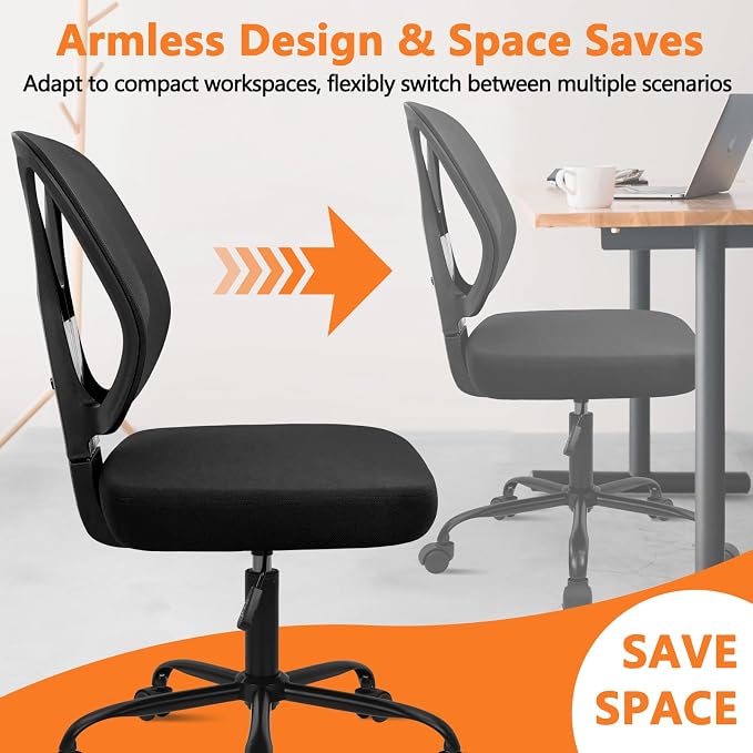 CLATINA Armless Home Office Chair, 360° Swivel Rolling Desk Chair with Lumbar Support and Wheels, Adjustable Height Mesh Back Small Ergonomic Computer Task Chair for Conference Waiting, Black(2 Pack)