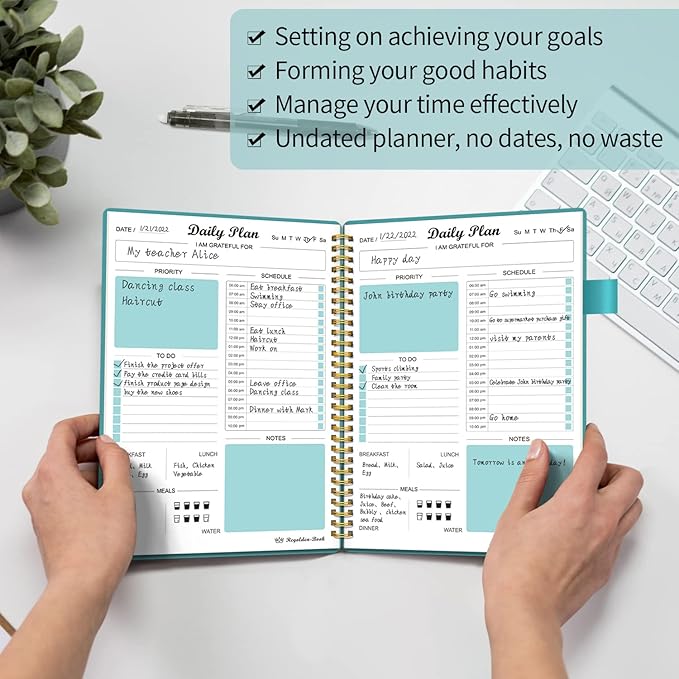 Daily Planner Undated, To Do List Notebook with Hourly Schedule Calendars Meal, Spiral Appointment Organizers Notebook for Man/Women, Pocket,Pen Loop, 160 Pages (7x10")