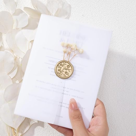UNIQOOO Wax Seal Stickers - 3D Floral Wedding Invitation Envelope Seal Sticker, 50 Pcs Self- Adhesive Prosecco Metallic Light Gold Flower Stickers, Perfect for Invitation, Christmas, Gift Wrapping