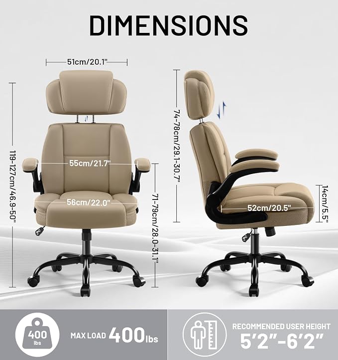 AreShark Ergonomic Office Chair with Lumbar Support, 400lbs Heavy Duty Big and Tall Executive Desk Chair, PU Leather High Back Computer Chair with Flip-Up Arms & Adjustable Headrest, Khaki