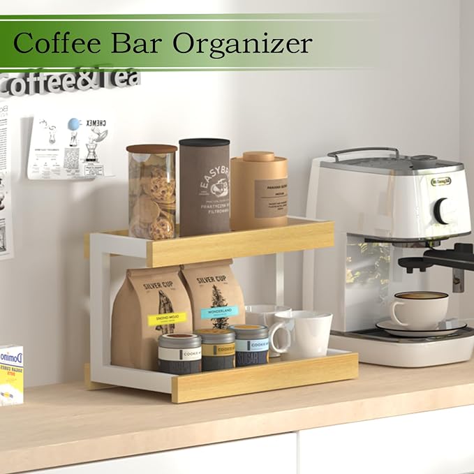 MARTY Counter Shelf Organizer, 2 Tier Spice Rack for Countertop, Maple | Coffee Bar/Station/Syrup Organizer for Countertop, 15.75''Lx8.9"W Large Desk Shelf Riser, for Kitchen Bathroom Bedroom Office