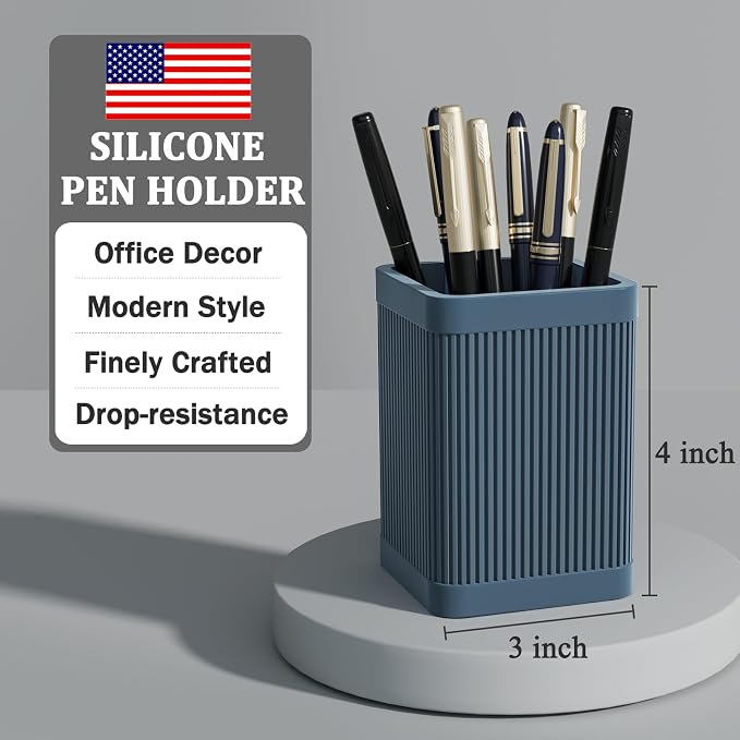HighHerz Aesthetic Pen Holder For Desk, Modern Silicone Pencil Holder, Stylish Office Desk Decor, Made of 5 mm Thickened Premium Silicone, Office Desk Organizer And Accessories (Dark Blue)