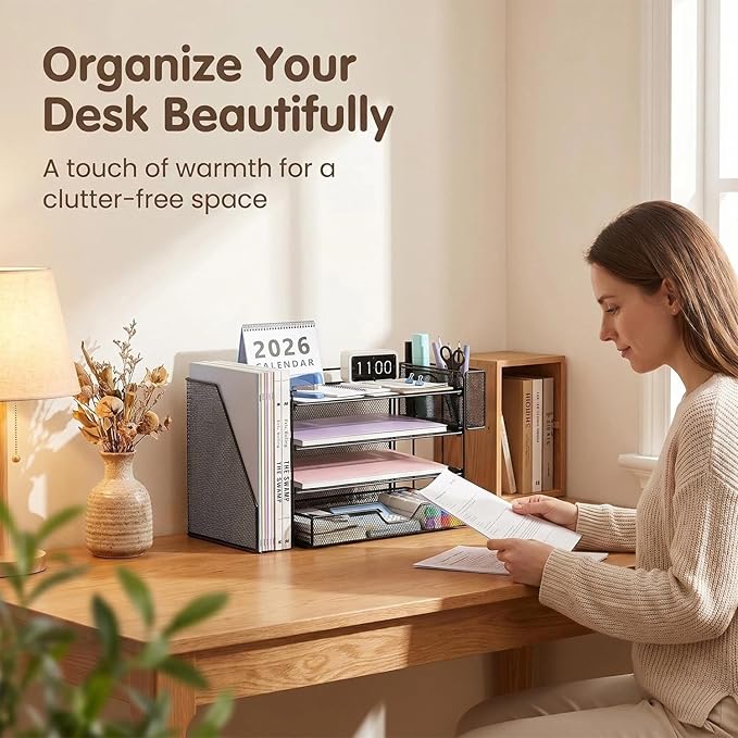 OPNICE Desk Organizers and Accessories, 4-Tier Workspace Desktop File Organizer with Drawer & Pen Holder, Paper Tray Organizer with File Holder, Office Desk Accessories for Home Office Supplies, Black