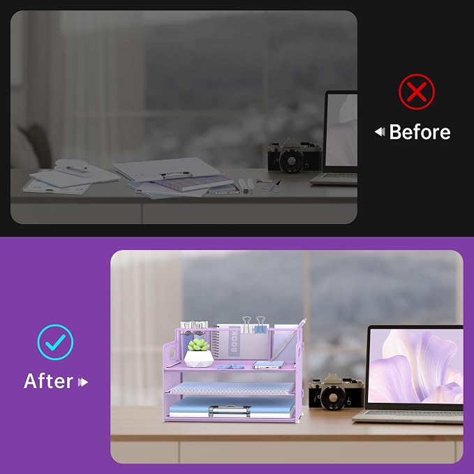 3-Tier Desk Organizer with Pen Holder and Handles, Paper Organizer, Purple | Desk Organizer and Paper Organizer for Desk with Pen Holder, Paper Trays and Handles for Files, Mail and Office Supplies