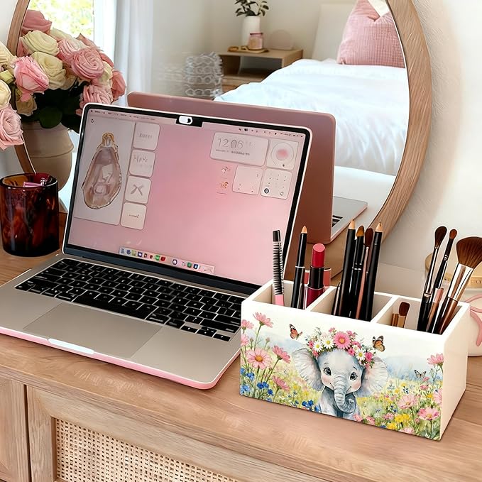 Elephant Pen Pencil Holder for Desk Accessories, Elephant Gifts for Women & Kids, Rustic Butterfly Flower Wild Animal Wooden Box Sign Decorations for Kids Room Home Office Desk Tabletop