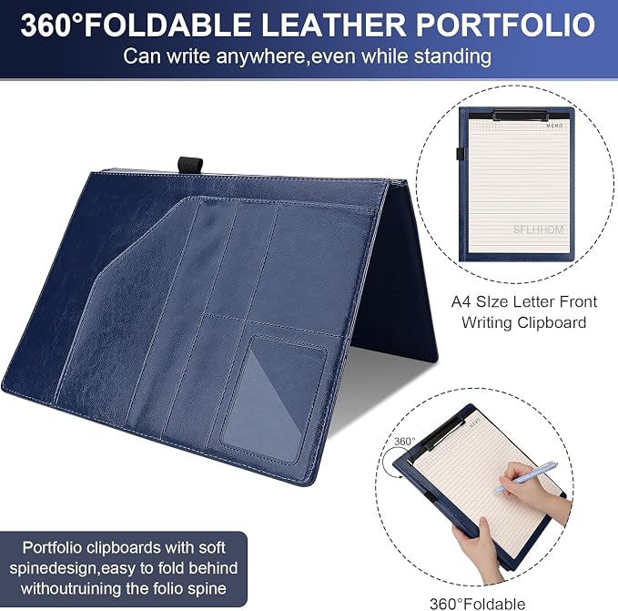 Portfolio Binder, Portfolio Folder Padfolio with A4 Clipboard, PU Leather Portfolio Clipboard Business Binder Writing Clip Board Organizer for Legal Documents Business Card Men Women
