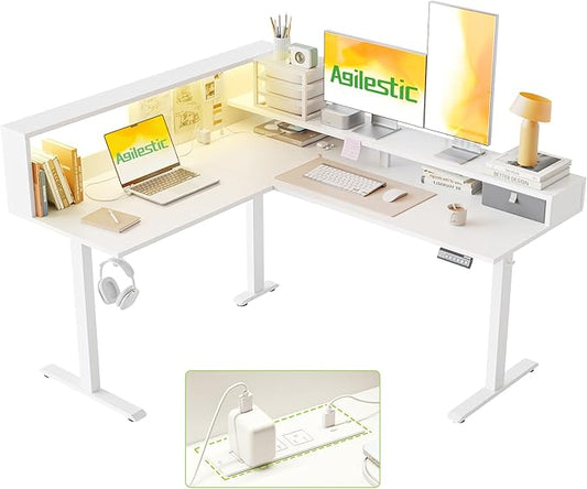 Agilestic L-Shaped Electric Standing Desk, 63x55 Inch Ergonomic Adjustable Height Desk with Storage, Stand Up Corner Desk Sit Stand Computer Table Power Outlet & LED Lights, Office Table, White