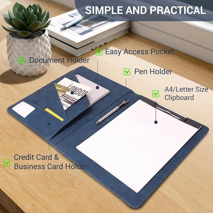 Professional Portfolio Binder, Faux Leather Padfolio for Resume, Note-Taking & Meetings, A4 Letter Writing Pad Holder (BlueF)