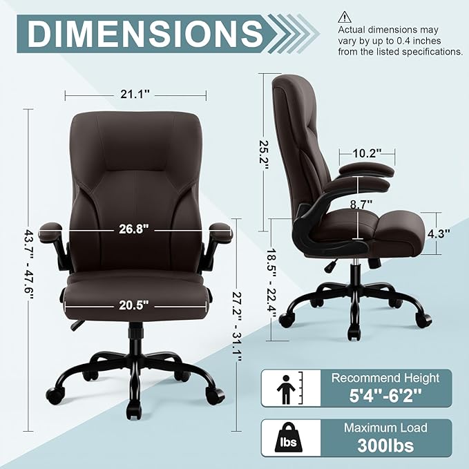 Executive Office Chair,High Back Ergonomic Comfy Desk Chair with Padded Flip-up Armrests,PU Leather Heavy Duty Computer Swivel Rolling Task Chair for Home Office,Adults,Dark Brown