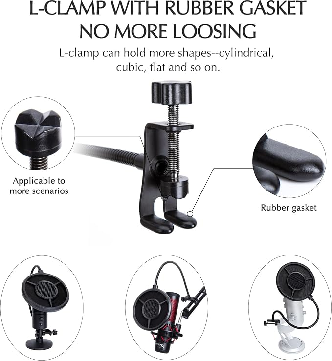 SUNMON Mic Pop Filter for HyperX QuadCast、Blue Yeti and Other Gaming Microphone, Dual Layered Wind Pop Screen with Flexible 360° Gooseneck Clip Stabilizing Arm for Recording, Singing