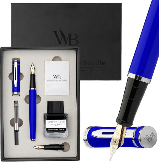 Wordsworth & Black Fountain Pen Set,18K Gilded Medium and Extra Fine Nib,25ML Black Ink Bottle,6 Ink Cartridges,Refill Converter,Gift Box,Smooth Writing Pens [Blue Chrome],Gift Set for Men and Women