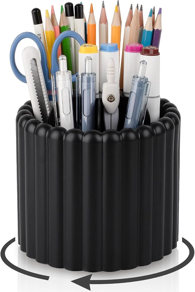 360° Rotating Pen Holder for Desk Removable Pencil Organizer, Black | 7 Slots Pen Cup Cute Office Supplies and Accessories Plastic Desktop Storage Box Art Caddy for School, Work, Home
