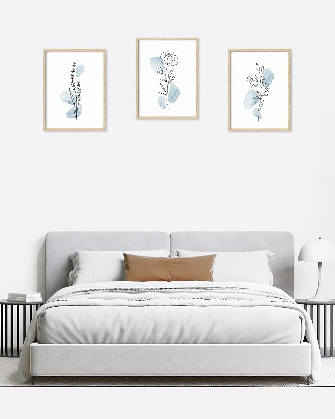 HesenDot Boho Art wall Décor,Botanical Print Set of 3, Blue Gallery Wall art,Abstract Line Watercolor Floral Home Decor,living room,bedroom