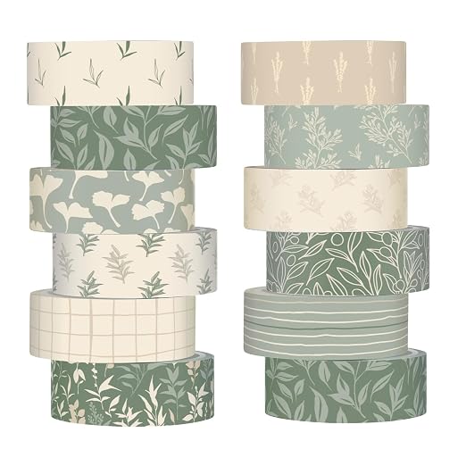 12 Rolls Watercolor Floral Washi Tape Set 15 mm Vintage Flower Decorative Masking Tape for Summer School Arts DIY Craft Scrapbook Journal Supplies Gifts(Sage Green,Leaves)