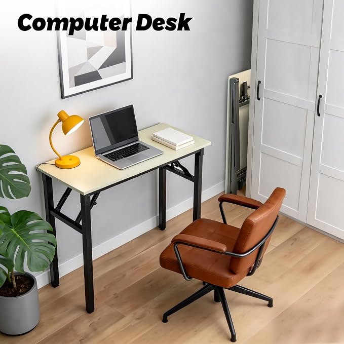 Folding Desk, 39 Inch Foldable Computer Table No Assembly Required,Warm White Small Desk for Home Office,Space-Saving Table for Bedroom, Dorm, RV