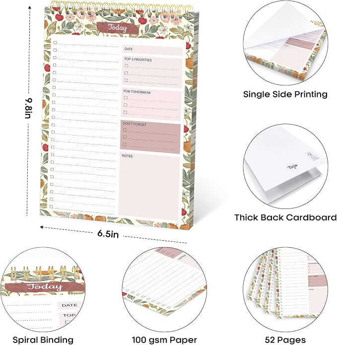 Taja To Do List Notepad - To Do List Notebook for Work with 52 Sheets, 9.8" x 6.5", Undated Daily Planner Perfect for Daily Tasks and Goal Setting, Notepad Suitable for Office, Home & School - Cherry Orchard